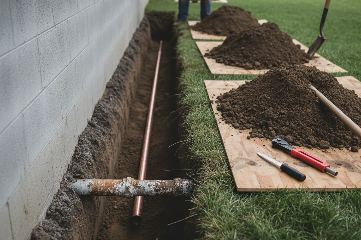 Excavated water line trench during Sewer Line Repair in Yorkville